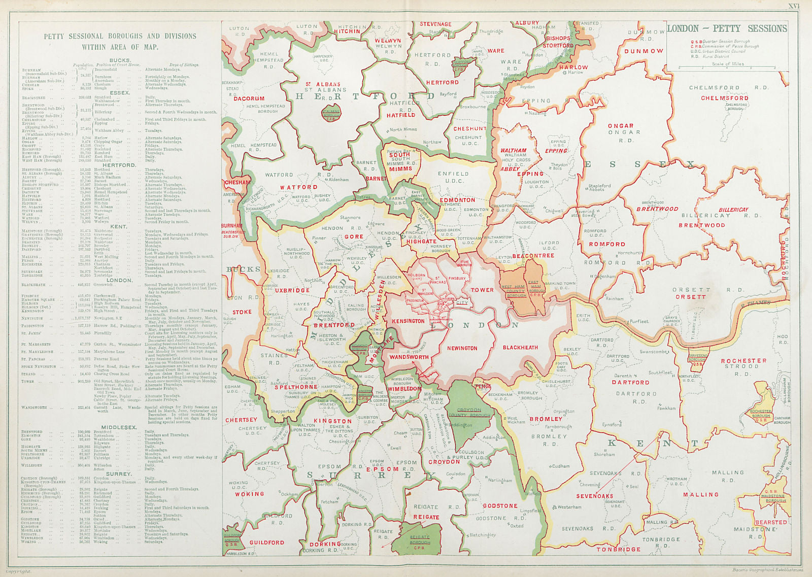 LONDON PETTY SESSIONS/sessional boroughs/divisions. Law. Courts. BACON 1920 map